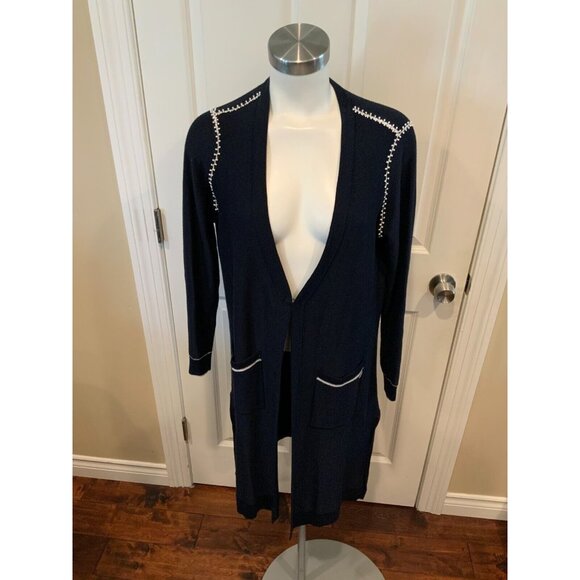 St. John Navy Blue Wool Long Cardigan w/ Hand Beaded Accent, Size Small - Picture 1 of 8